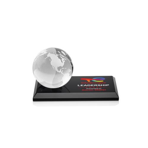 Awards and Plaques - Crystal Trophies - Globe Full Color on Rectangle Base Black Globe Crystal Trophy