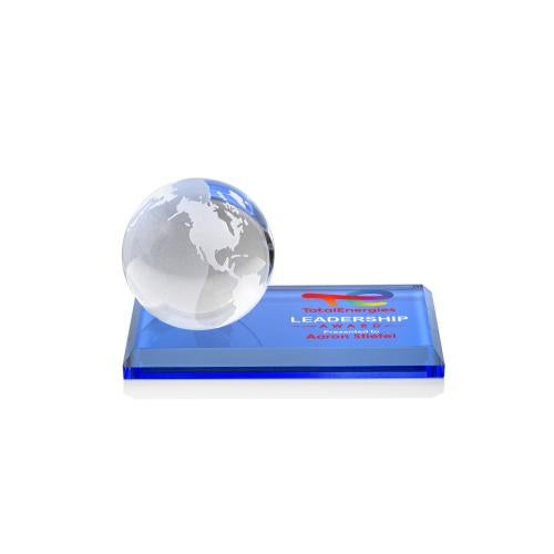 Awards and Plaques - Crystal Trophies - Globe Full Color on Rectangle Base Sky Blue Globe Crystal Trophy