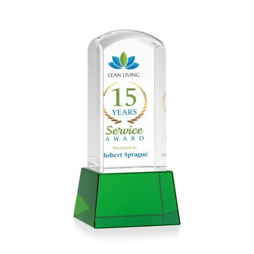 Awards and Plaques - Crystal Trophies - Silkwood Full Color on Base Green Towers Crystal Trophy
