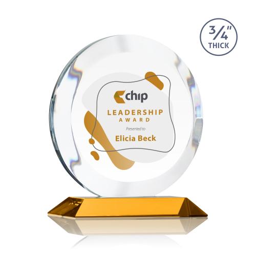 Awards and Plaques - Crystal Trophies - Delarosa Full Color Amber Circle Crystal Trophy