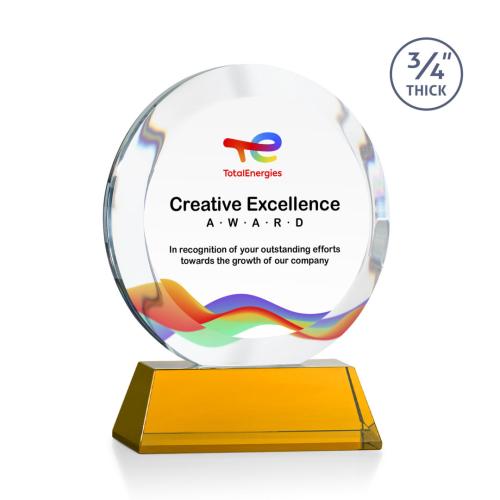 Awards and Plaques - Crystal Trophies - Delarosa Full Color on Helton Base Amber Circle Crystal Trophy