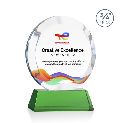 Awards and Plaques - Crystal Trophies - Delarosa Full Color on Helton Base Green Circle Crystal Trophy
