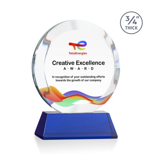 Awards and Plaques - Crystal Trophies - Delarosa Full Color on Helton Base Blue Circle Crystal Trophy