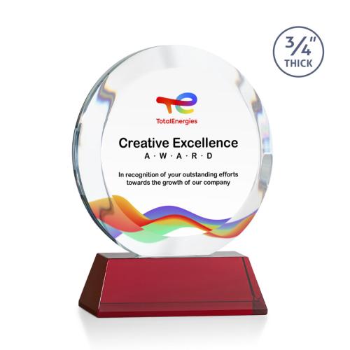 Awards and Plaques - Crystal Trophies - Delarosa Full Color on Helton Base Red Circle Crystal Trophy