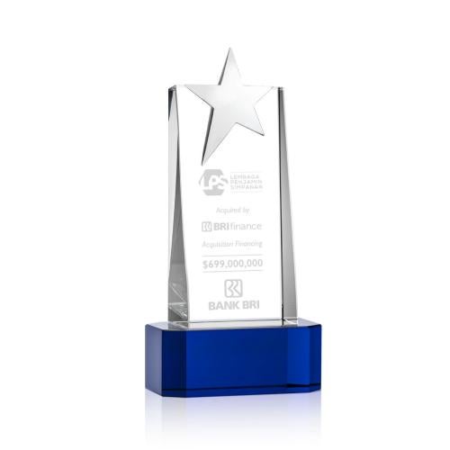 Awards and Plaques - Crystal Trophies - Morse Silver Star on Base Blue Towers Crystal Trophy