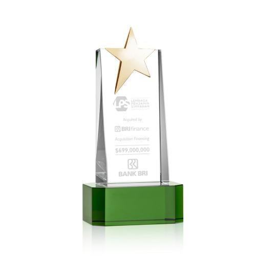 Awards and Plaques - Crystal Trophies - Morse Gold Star on Base Green Towers Crystal Trophy