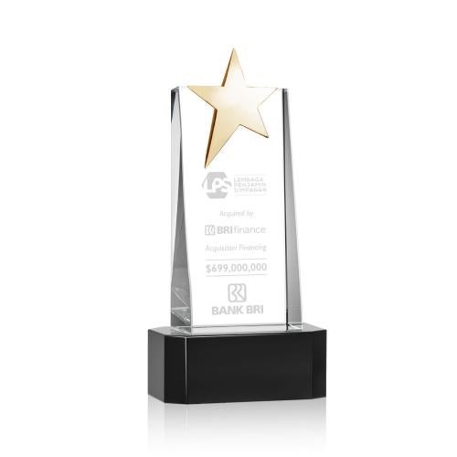 Awards and Plaques - Crystal Trophies - Morse Gold Star on Base Black Towers Crystal Trophy