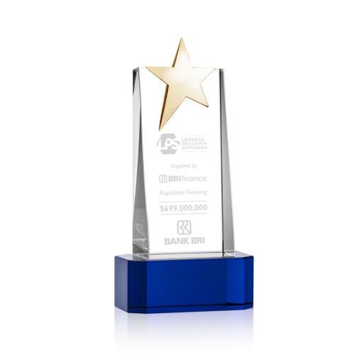 Awards and Plaques - Crystal Trophies - Morse Gold Star on Base Blue Towers Crystal Trophy