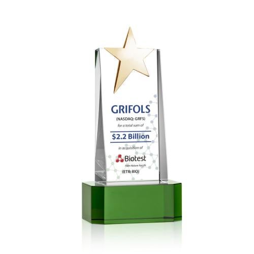 Awards and Plaques - Crystal Trophies - Morse Gold Star Full Color on Base Green Towers Crystal Trophy