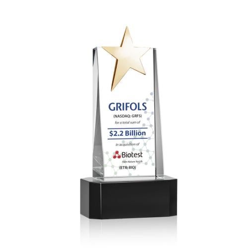 Awards and Plaques - Crystal Trophies - Morse Gold Star Full Color on Base Black Towers Crystal Trophy