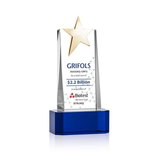 Awards and Plaques - Crystal Trophies - Morse Gold Star Full Color on Base Blue Towers Crystal Trophy