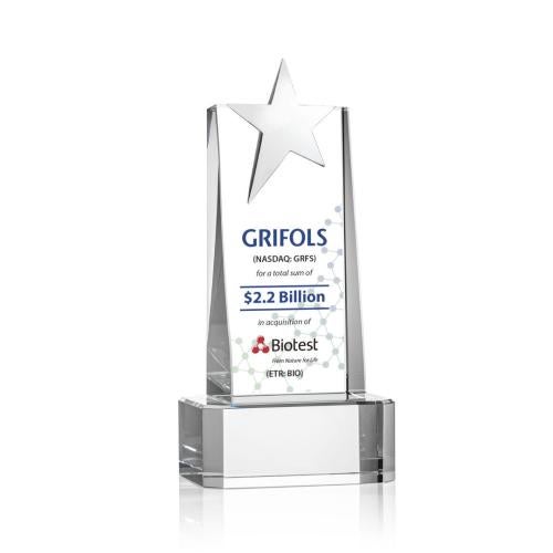 Awards and Plaques - Crystal Trophies - Morse Silver Star Full Color on Base Clear Towers Crystal Trophy