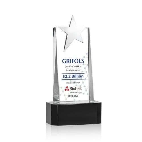 Awards and Plaques - Crystal Trophies - Morse Silver Star Full Color On Base Black Towers Crystal Trophy