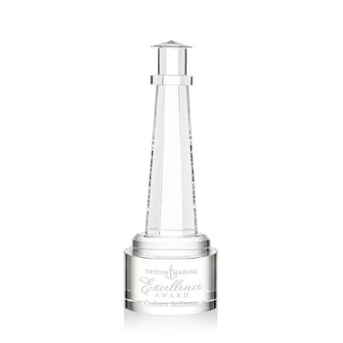 Awards and Plaques - Crystal Trophies - Lighthouse on Round Base Clear Crystal Trophy