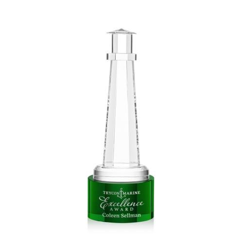Awards and Plaques - Crystal Trophies - Lighthouse on Round Base Green Crystal Trophy