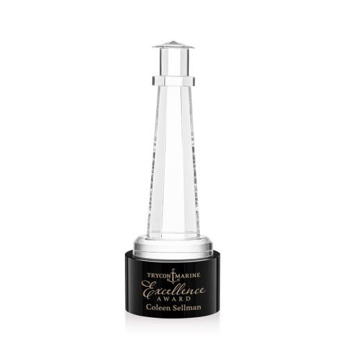 Awards and Plaques - Crystal Trophies - Lighthouse on Round Base Black Crystal Trophy