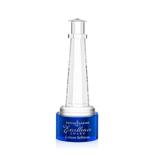 Awards and Plaques - Crystal Trophies - Lighthouse on Round Base Blue Crystal Trophy