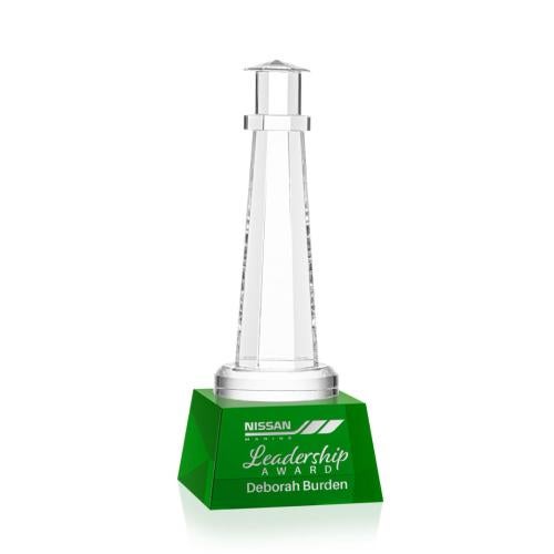 Awards and Plaques - Crystal Trophies - Lighthouse on Small Base Green Crystal Trophy
