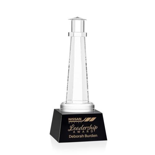 Awards and Plaques - Crystal Trophies - Lighthouse on Small Base Black Crystal Trophy