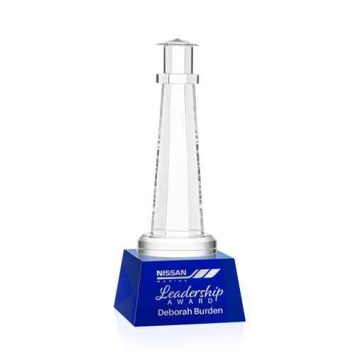 Awards and Plaques - Crystal Trophies - Lighthouse on Small Base Blue Crystal Trophy