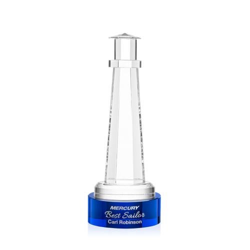 Awards and Plaques - Crystal Trophies - Lighthouse on Lockwood Base Blue Crystal Trophy