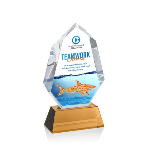 Awards and Plaques - Crystal Trophies - Thomson Full Color on Helton Base Amber Polygon Crystal Trophy
