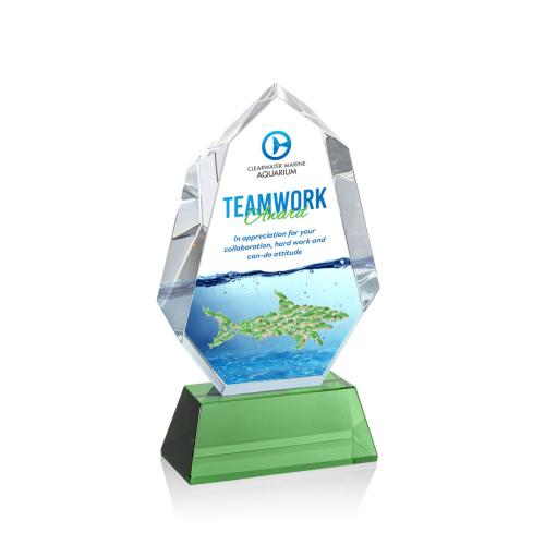 Awards and Plaques - Crystal Trophies - Thomson Full Color on Helton Base Green Polygon Crystal Trophy