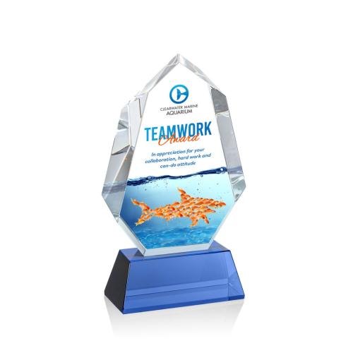 Awards and Plaques - Crystal Trophies - Thomson Full Color on Helton Base Blue Polygon Crystal Trophy