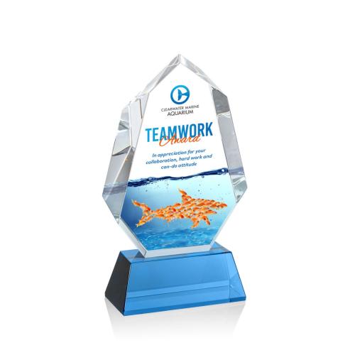 Awards and Plaques - Crystal Trophies - Thomson Full Color on Helton Base Sky Blue Polygon Crystal Trophy