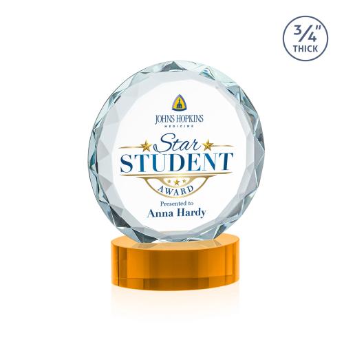 Awards and Plaques - Crystal Trophies - Clarke Full Color on Alberton Base Amber Circle Crystal Trophy