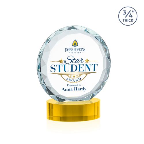 Awards and Plaques - Crystal Trophies - Clarke  Full Color on Alberton Base Gold Circle Crystal Trophy