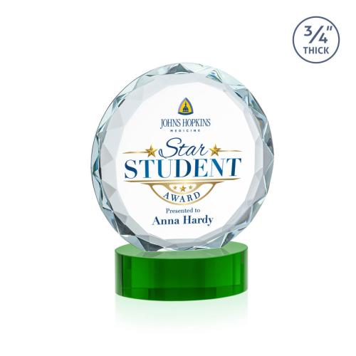 Awards and Plaques - Crystal Trophies - Clarke Full Color on Alberton Base Green Circle Crystal Trophy