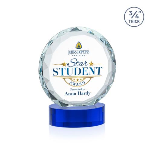 Awards and Plaques - Crystal Trophies - Clarke Full Color on Alberton Base Blue Circle Crystal Trophy