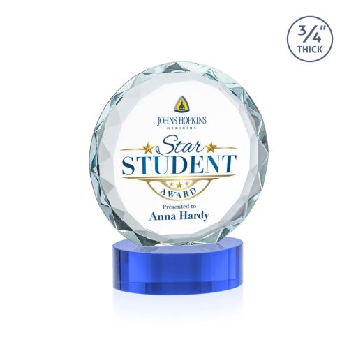 Awards and Plaques - Crystal Trophies - Clarke Full Color on Alberton Base Sky Blue Circle Crystal Trophy