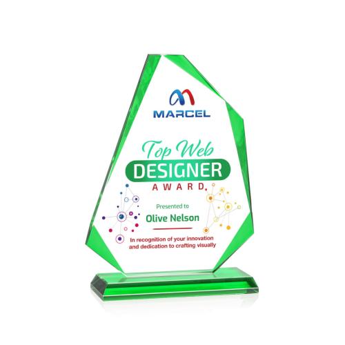Awards and Plaques - Crystal Trophies - Hillmont Full Color Green Unique Crystal Trophy