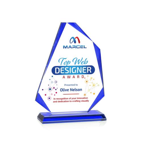 Awards and Plaques - Crystal Trophies - Hillmont Full Color Blue Unique Crystal Trophy