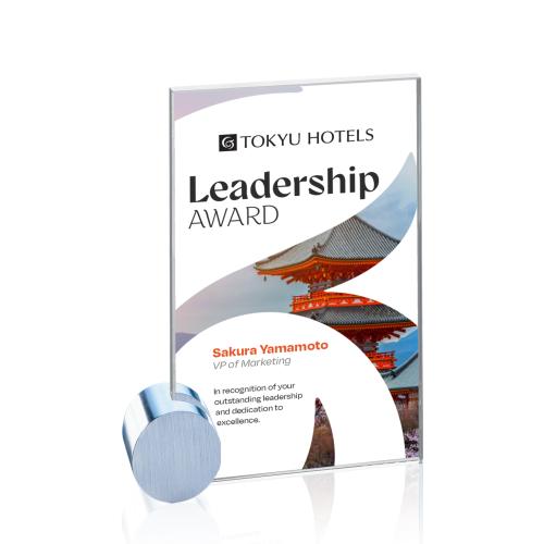 Awards and Plaques - Crystal Trophies - Marquez Full Color Starfire/Chrome Circle Rectangle Crystal Trophy