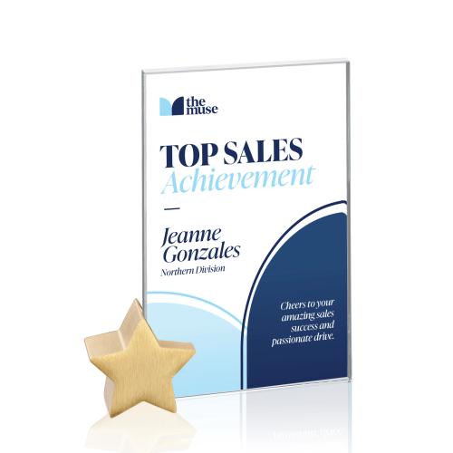 Awards and Plaques - Crystal Trophies - Marquez Full Color Starfire/Gold Star Rectangle Crystal Trophy