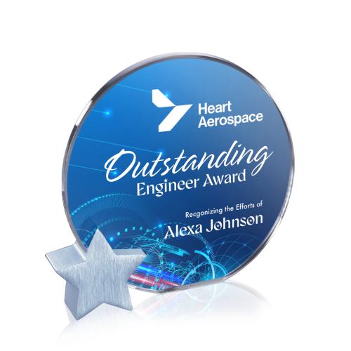 Awards and Plaques - Crystal Trophies - Staley Full Color Starfire/Chrome Star Circle Crystal Trophy