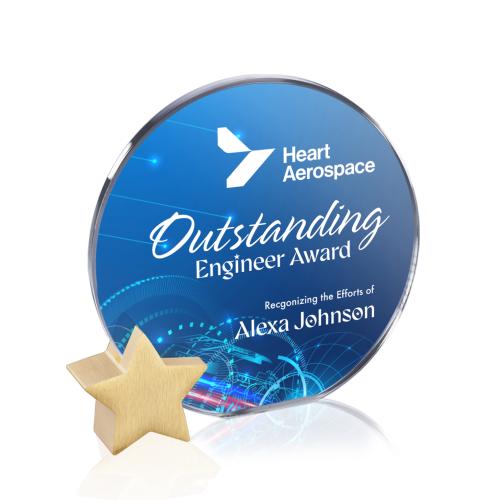 Awards and Plaques - Crystal Trophies - Staley Full Color Starfire/Gold Star Circle Crystal Trophy