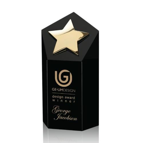 Awards and Plaques - Crystal Trophies - Shields Gold Star Black Polygon Crystal Trophy