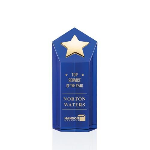 Awards and Plaques - Crystal Trophies - Shields Gold Star Blue Polygon Crystal Trophy