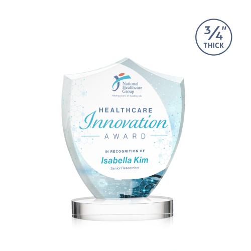 Awards and Plaques - Crystal Trophies - Escamilla Shield Full Color on Alberton Base Clear Unique Crystal Trophy