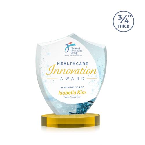 Awards and Plaques - Crystal Trophies - Escamilla Shield Full Color on Alberton Base Gold Unique Crystal Trophy