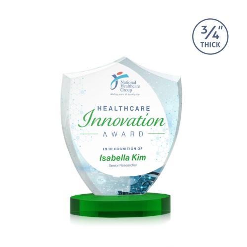 Awards and Plaques - Crystal Trophies - Escamilla Shield Full Color on Alberton Base Green Unique Crystal Trophy