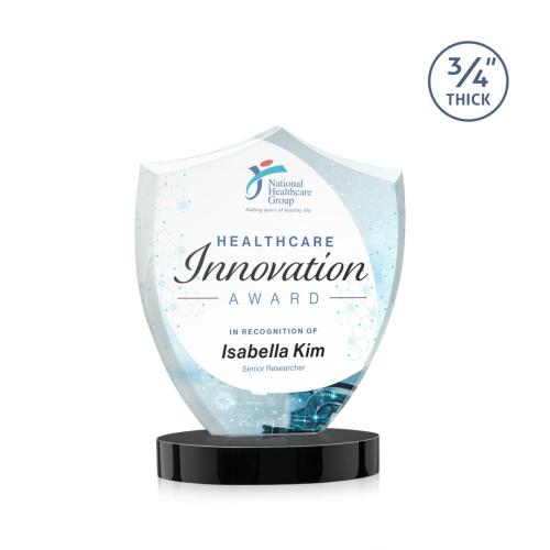 Awards and Plaques - Crystal Trophies - Escamilla Shield Full Color on Alberton Base Black Unique Crystal Trophy