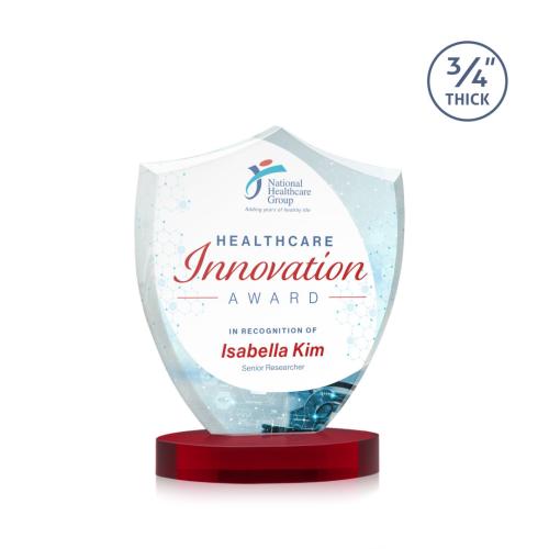 Awards and Plaques - Crystal Trophies - Escamilla Shield Full Color on Alberton Base Red Unique Crystal Trophy