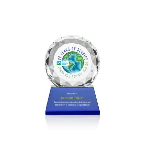 Awards and Plaques - Crystal Trophies - Milton Full Color on Helton Base Blue Circle Crystal Trophy