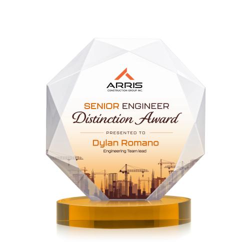 Awards and Plaques - Crystal Trophies - Minor Full Color on Alberton Base Amber Polygon Crystal Trophy