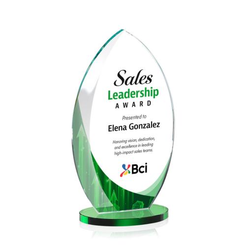Awards and Plaques - Custom Trophies - Vernon Full Color Green Flame Crystal Trophy